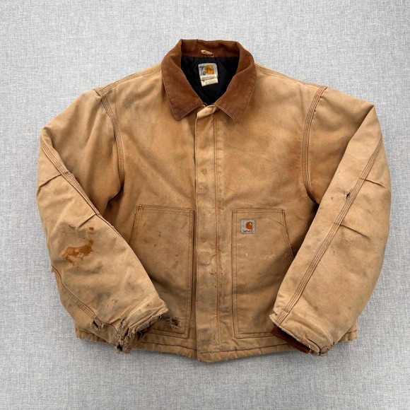 Y2K Carhartt J02 BRN Detroit Jacket Men 44 XL Brown Duck Quilted Thrashed Faded